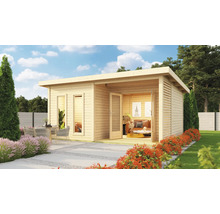 Gartenhaus aus Holz mit Terrasse und Sitzgelegenheit im Garten