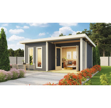 Abri de jardin moderne avec terrasse, mobilier de jardin et plantations.
