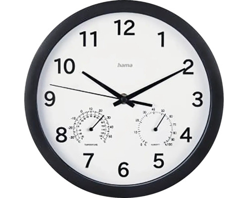 Horloge murale analogique Malta avec thermomètre et hygromètre silencieuse noir blanc Ø 25 cm Horloge murale analogique avec affichage de la température et de l''humidité