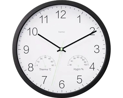 Horloge murale analogique Santorini avec thermomètre et hygromètre silencieuse noir blanc Ø 30 cm Horloge murale avec affichage thermo-hygromètre
