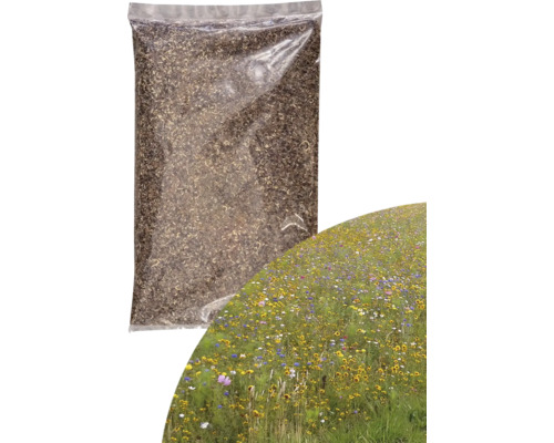 Graines de prairie fleurie Kiepenkerl mélange carnaval 1 kg 200 m² Paquet de graines de fleurs devant un champ de fleurs sauvages