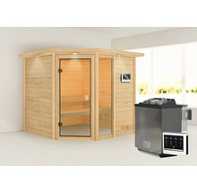 Massivholzsauna Karibu Tabea inkl.9 kW Bio Ofen u.ext.Steuerung mit Dachkranz und bronzierter Ganzglastüre