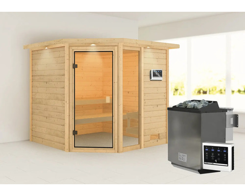 Sauna en bois massif Karibu Tabea avec poêle bio 9 kW et commande externe avec couronne et porte entièrement vitrée couleur bronze Sauna en bois massif Karibu Tabea avec poêle bio 9 kW et commande externe avec couronne et porte entièrement vitrée couleur bronze