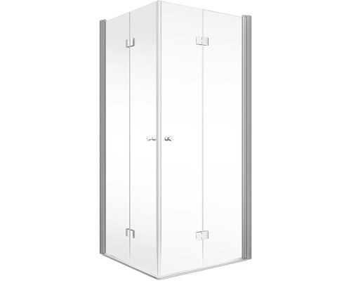 Cabine de douche d''angle avec portes en verre transparent et cadres argentés