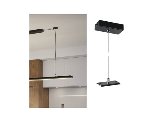 Suspension LED noire dans une cuisine et gros plan de la suspension
