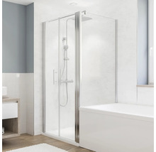 Paroi de douche en verre avec robinetterie et baignoire dans la salle de bain