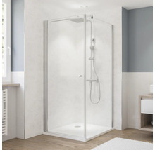 Cabine de douche avec pomme de douche et douchette à main dans la salle de bain