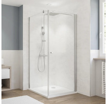 Cabine de douche avec pomme de douche et douchette dans la salle de bain