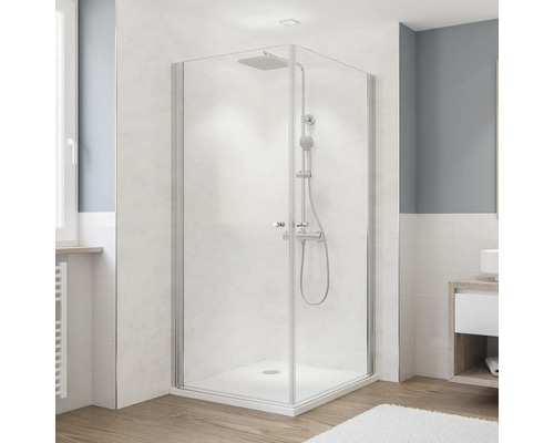 Douche accès d’angle avec porte pivotante BREUER Fara 5 90 x 90 x 190 cm profilé argent verre transparent Douche d''angle avec robinetterie dans la salle de bains