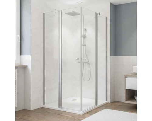 Douche accès d’angle avec porte pivotante avec partie fixe BREUER Fara 5 90 x 90 x 190 cm profilé chrome verre transparent Douche accès d’angle avec porte pivotante avec partie fixe BREUER Fara 5 90 x 90 x 190 cm profilé chrome verre transparent