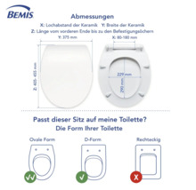 Abmessungen und Kompatibilität eines Toilettensitzes der Marke Bemis mit verschiedenen Toilettenformen.