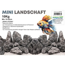 Mini-Landschaft aus Seiryu-Steinen, 10 Kilogramm, Mischung aus 10 bis 25 Zentimeter großen Natursteinen für Süßwasseraquarien und Terrarien, geeignet für natürliche Aquascapes, bepflanzbar, vor Verwendung gründlich reinigen. AquaPet Logo.
