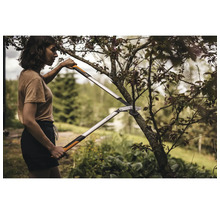 Femme coupant un arbre avec un ébrancheur à crémaillère