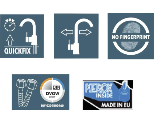 Symboles pour montage rapide, plage de pivotement, pas d''empreintes digitales, Deutsches Institut für Normung DVGW Zert, Fabriqué en UE