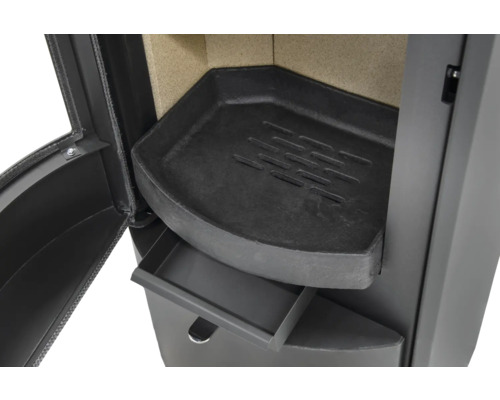 Vue détaillée d''un poêle à bois avec foyer ouvert, bac de récupération des cendres et tiroir à cendres.