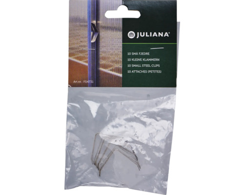 Juliana Logo. Zehn kleine Stahlklammern in Verpackung.
