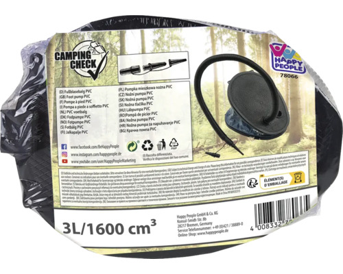 Pompe à pied avec étiquette Camping Check et logo Happy People