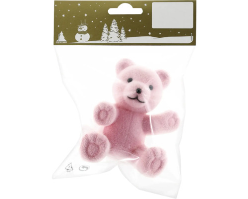 Décoration de Noël ours plastique/velours 7 x 9 cm rose Ours en peluche rose comme article de décoration dans un emballage plastique