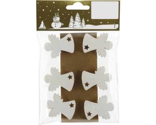 Paquet de six suspensions en bois en forme d''ange avec découpe en étoile