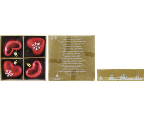 Set mit vier herzförmigen Christbaumkugeln mit Schneeflockenmuster zur Dekoration