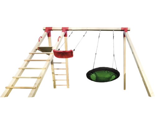 Spielplatz mit Holzrahmen, Leiter, Schaukelsitz und Nestschaukel