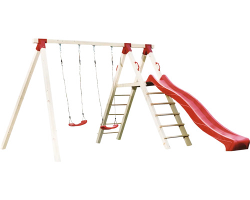 Holzspielplatz mit Schaukel und Rutsche für Kinder