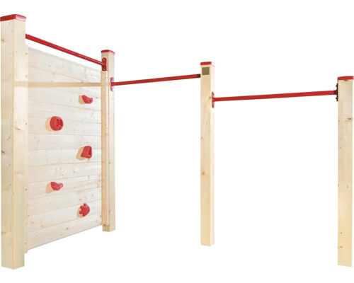 Mur d''escalade en bois avec prises d''escalade rouges et barre fixe