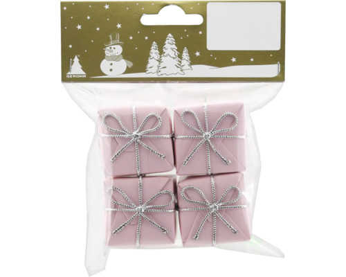 Verpackung mit vier rosa Geschenkboxen mit silberfarbener Schleife