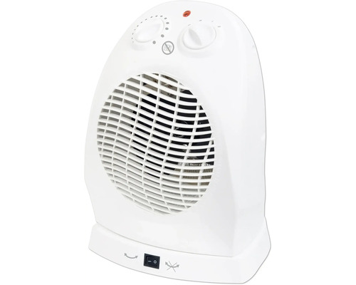 Radiateur soufflant blanc avec commandes et symbole de protection contre la surchauffe