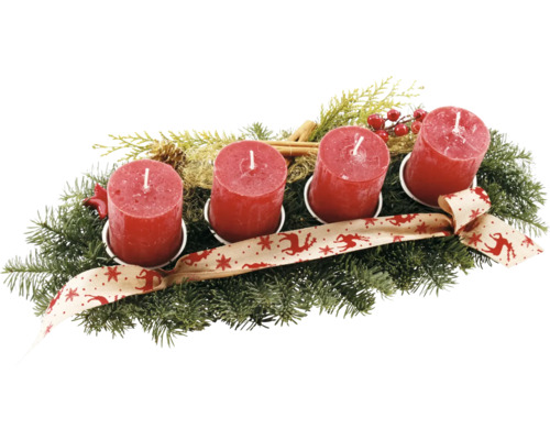 Adventskranz mit vier Kerzen, Tannenzweigen und Schleife