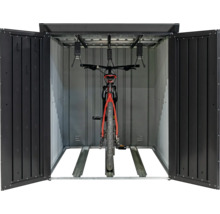 Fahrradbox mit geöffneten Türen und einem Fahrrad im Inneren