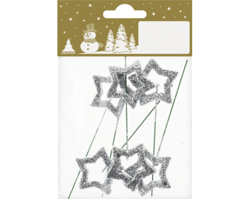 Dekoobjekt Sterne mit Glitter Draht silber 6 Stück Glitzersterne am Stab zur Dekoration