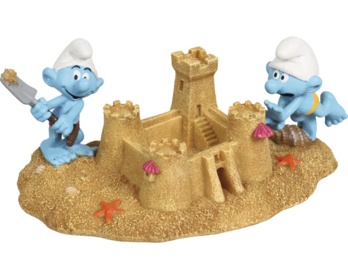 Aquariumdekoration AQUA DELLA Schlümpfe Strand mit Sandburg ca. 21 x 11 x 9 cm Polyesterharz Dekoration für das Aquarium mit Sandburg und Schlümpfen