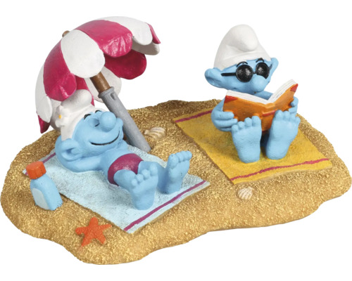 Aquariumdekoration AQUA DELLA Schlümpfe Strand Sonnenbad ca. 17 x 13 x 8 cm Polyesterharz Dekorative Schlumpf-Szene am Strand mit Figuren, Sonnenschirm und Accessoires
