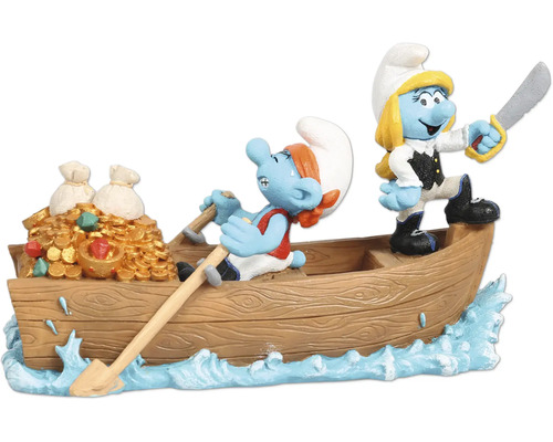 Aquariumdekoration AQUA DELLA Schlümpfe Piraten auf dem Wasser ca. 19 x 8 x 11 cm Polyesterharz Schlumpf-Figur in einem Boot mit Schatz