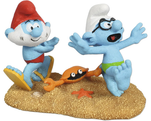 Décoration d'aquarium AQUA DELLA Schtroumpfs plage avec Grand Schtroumpf et Schtroumpf à lunettes env. 11 x 7 x 8 cm résine polyester Décoration avec deux Schtroumpfs et un crabe sur un tas de sable