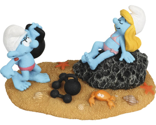 Décoration d'aquarium AQUA DELLA schtroumpfs plage avec Schtroumpfette et Schtroumpf musclé env. 16 x 10 x 9 cm résine polyester Ornement d''aquarium décoratif Schtroumpfs avec deux Schtroumpfs et des haltères