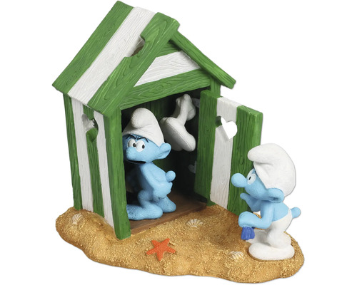 Décoration d'aquarium AQUA DELLA Schtroumpfs cabine de plage env. 14 x 11 x 15 cm résine polyester Figurines décoratives de Schtroumpfs devant une maison de plage comme décoration