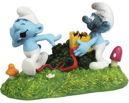Dekoration für Aquarien mit zwei Schlümpfen auf einer grünen Grasfläche mit Pilzen und einer gelben Burg.