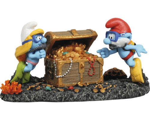 Décoration d'aquarium AQUA DELLA Schtroumpfs sous l'eau avec coffre au trésor env. 19 x 10 x 10 cm résine polyester Décoration pour aquariums avec des Schtroumpfs et un coffre au trésor