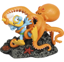 Dekoration für Aquarien mit einem Taucher Schlumpf und einem Oktopus auf einem Felsen