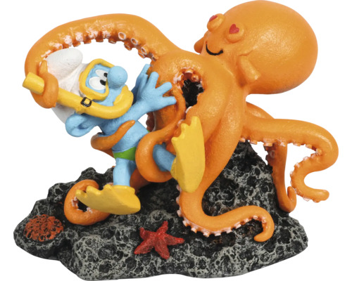 Aquariumdekoration AQUA DELLA Schlümpfe unter Wasser mit Krake ca. 13 x 8 x 10 cm Polyesterharz Dekoration für Aquarien mit einem Taucher Schlumpf und einem Oktopus auf einem Felsen