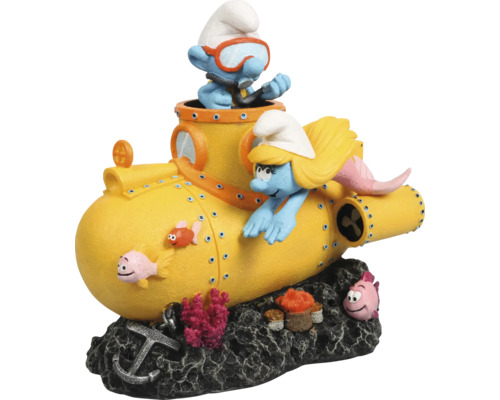 Décoration d'aquarium AQUA DELLA Schtroumpfs sous l'eau avec sous-marin env. 16 x 11 x 16 cm résine polyester Décoration pour aquariums avec des Schtroumpfs dans un sous-marin jaune sur un socle noir
