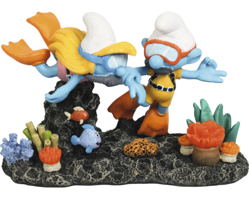 Décoration d'aquarium AQUA DELLA Schtroumpfs Plongeur env. 15 x 7 x 10 cm résine polyester Décoration pour aquarium avec deux Schtroumpfs en plongeurs, des poissons et des coraux