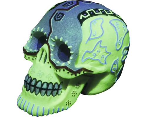 Aquariumdekoration AQUA DELLA Dia de los Muertos Schädel grün ca. 11,8 x 7,8 x 9 cm Polyesterharz, , Halloweenfigur Dekorativer Totenkopf mit Mustern