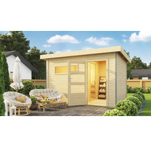 Abri de jardin en bois avec porte ouverte et mobilier de jardin