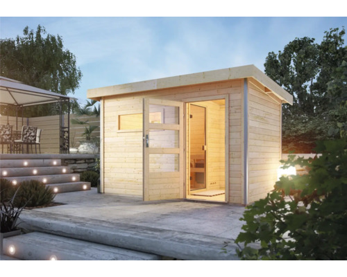 Chalet sauna Karibu Topas 3 sans poêle, avec entrée et fenêtre avec porte en bois avec verre transparent Sauna en bois dans le jardin avec porte ouverte