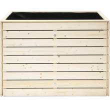 Jardinière surélevée en bois de forme rectangulaire avec film intérieur.
