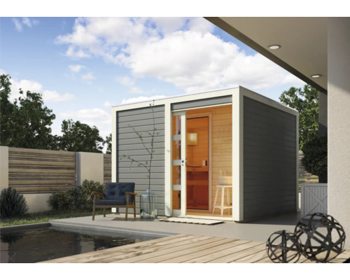 Chalet sauna Karibu Zirkon 1 sans poêle avec vestibule et porte en bois avec verre transparent gris terre/blanc Chalet sauna Karibu Zirkon 1 sans poêle avec vestibule et porte en bois avec verre transparent gris terre/blanc