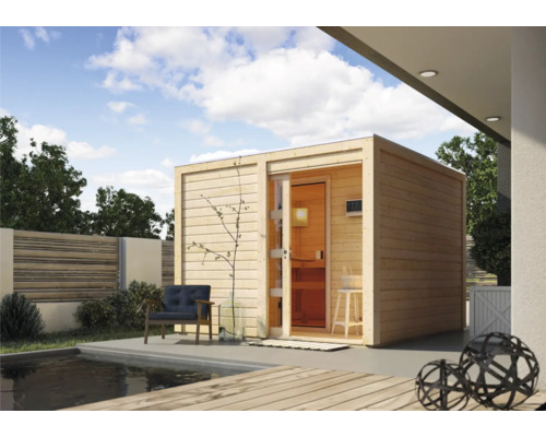 Chalet sauna Karibu Zirkon 1 avec poêle 9 kW et commande externe, avec entrée et porte en bois avec verre transparent Chalet sauna Karibu Zirkon 1 avec poêle 9 kW et commande externe, avec entrée et porte en bois avec verre transparent